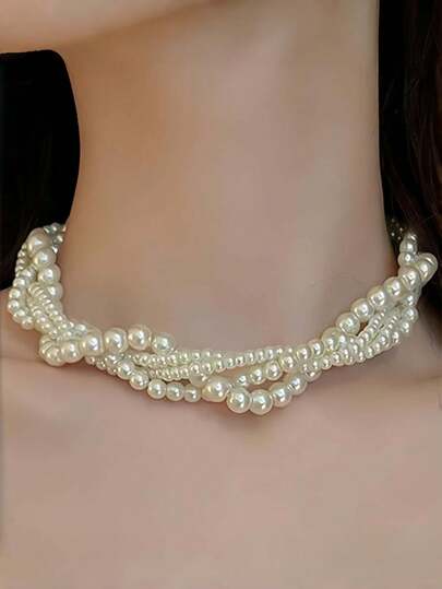 1 pieza Collar retro francés de perlas falsas multicapa trenzado, adecuado como regalo de cumpleaños, vacaciones o Navidad para niñas