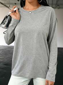 女士宽松长款落肩纯色T恤，简约风格，休闲/办公/街头/Y2K风，适合夜间外出/日常/办公室/居家/街头/旅行/机场/早午餐等场合，秋冬季，返校季，可爱风，Y2K风格，教师/机场 - 淺灰色 - 查看 5