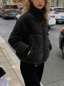 Chaqueta de algodón de pana chaqueta de algodón corta femenina versión coreana de pan suelto Novedad de invierno: chaqueta de algodón de pana para mujer, estilo coreano, corte holgado, largo corto, tallas grandes, chaqueta ligera para estudiantes, cálida y cómoda, informal, cuello alto, prenda exterior de algodón de pana. - Negro - Ver 4