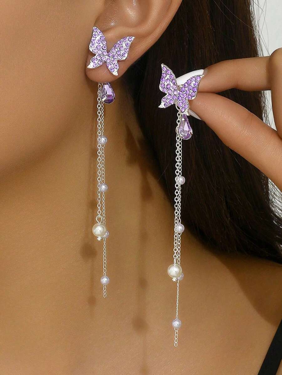 1 Pair Cute Butterfly Earrings, Celebrity Style, Long Pearl Tassel Crystal Earrings Jewelry - Purple - View 1