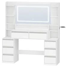 HEXCELEN Dressing Table With Large Mirror, Vanity Table And Hairdryer Holder, 8 Drawers, Open Compartments, 40 * 135 * 145.2 Cm, Modern White And Silver Dressing Table - 查看 9