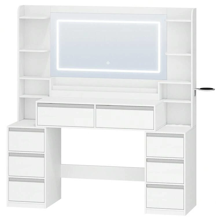 HEXCELEN 135cm Toeletta Trucco con Specchio, Toeletta con LED e Prese, Grande Tavolo da Trucco con Supporto Per Asciugacapelli, 8 Cassetti e Ripiani Aperti, Moderno, Bianco-Argento - Spina tipo E UE (220-240 V) - Visualizzare 9