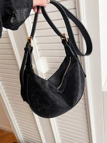 1pc Women's Fashionable Solid Color Minimalist Shoulder Bag, PU Leather, Suitable For Dates, Shopping, Versatile - Black - View 5