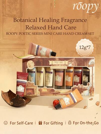 Roopy Serie Poética Crema de Manos, Estuche de Regalo de Mini Crema de Manos, Nutritiva y Humectante, Fragancia Duradera, Compacta y Portátil, Caja de Regalo de Crema de Manos Rosa, Regalo Ideal para Otoño/Invierno