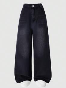 青少年男童带口袋宽松休闲水洗阔腿裤 - 黑色 - 查看 1