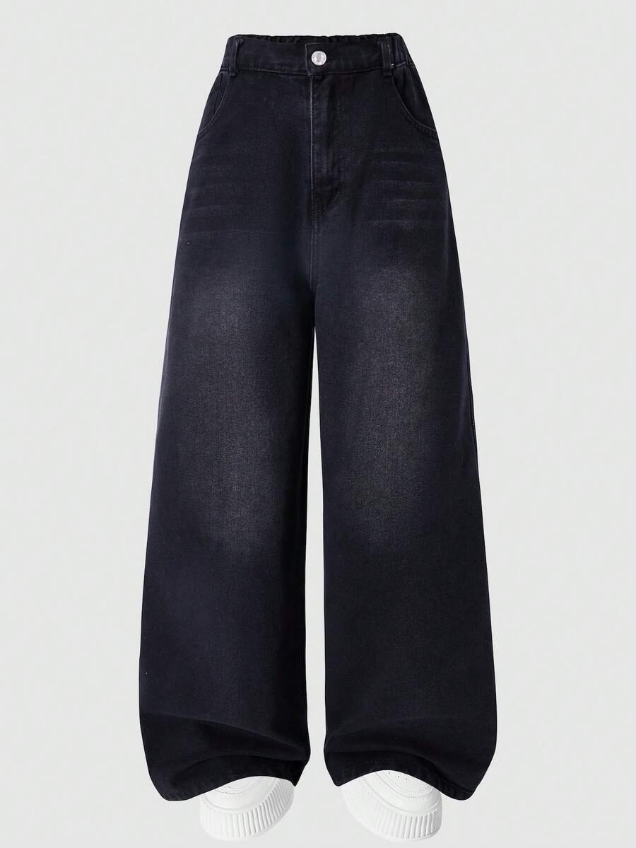 青少年男童带口袋宽松休闲水洗阔腿裤 - 黑色 - 查看 1