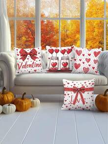 情人节四件套抱枕套 - 17.7x17.7 英寸，浪漫心形蝴蝶结设计，红白装饰抱枕套，适用于家居、办公室和客厅（不含枕芯），浪漫家居装饰|心形图案设计|拉链封口 - 紅白色 - 查看 7