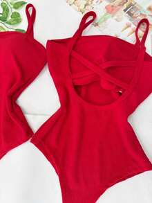 Women's Bodysuit With Thin Straps, Braided Design, And A  Blogger Style. - Red - View 2