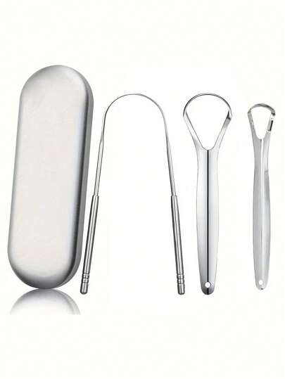3pcs/1pc Stainless Steel Tongue Cleaner With Large Storage Box, Tongue Scraper, Odorless Oral Care Tool, Fresh Breath, Elegant Gift Box Packaging