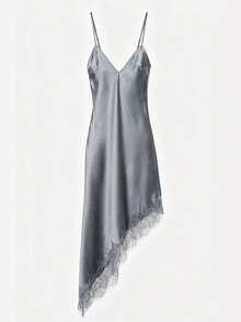 Women Lace Satin Cami Dress Y2k Spaghetti Strap V Neck Silk Midi Dress Asymmetrical Hem Slip Dresses For Party Club - 灰色 - 查看 2