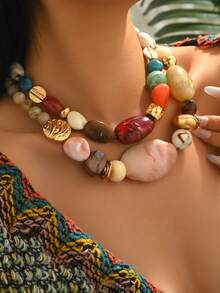 Elegant Vintage Quality Sexy Heart-Shaped Glass Inlaid Pendant With Golden Floral Pattern, Oval Resin With Asymmetrical CCB Metal Beads, Available In Bohemian, Dopamine, Brown Amber, Orange, Purple, Red Large Heart Pendant Necklaces, Asymmetrical Floral Resin Beaded Large Pendant Necklaces, High-End Women Jewelry Necklaces - Multicolor - View 6