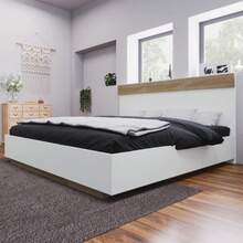 Wooden Double Bed, Floating Bed With Headboard, Consisting Of A Bed Frame And A Slatted Base - 205 X 184 X 90.5 Cm (W/L/H) Sonoma Oak/White Set (Mattress Not Included) - White - View 3