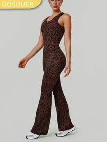 GOSOUER 1 Peça Macacão Flare Feminino Sexy com Decote V Profundo Vazado, Estampa de Onça, Gola Redonda, Zíper Frontal, Cintura Alta, Contorno, Esporte, Corrida, Fitness, Ginástica, Dança - Vinho - Visão 8