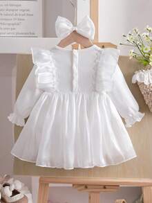 2pcs Baby Girls' Spring/Autumn Long Sleeve Cute Bow Mesh Princess Dress Romper And Headband Set - White - View 2