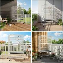 Large Metal Bird Cage With 4 Wheels, Budgie Cage With Feeding Bowl, Cage Toy, Jumping Swing For Bird With 2 Doors, 4 Wooden Poles, 132 X 78 X 52 Cm - 白色 - 查看 7