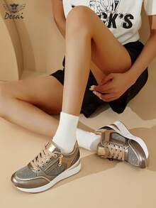 DESAI 1 Pair Women's Fashion Color Block Sports Shoes, Rhinestone Side Zipper Design Niche Running Shoes, Platform Wedge Heel Increase Height Party Casual Shoes, Shiny Women Sneakers - Bronze - View 4