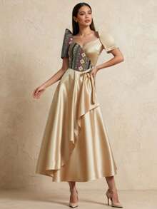 Amyenjoylife Modernes Filipiniana Kleid Elegant, Schmetterlingsärmel Filipiniana, Damen Elegantes Temperament Patchwork Ballonärmel Kurzarm Kleid, Champagner Kleid - Champagnerfarben - Übersicht 1