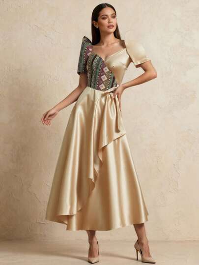 Amyenjoylife Modern Filipiniana Attire Dress Elegant,Butterfly Sleeves Filipiniana,Ladies' Elegant Temperament Patchwork Bubble Sleeve Short Sleeved Dress,Champagne Dress