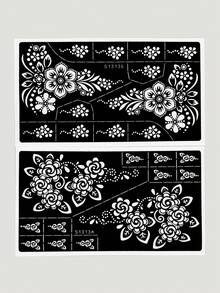 2 Sheets, Small Fresh Flower Hand Drawn Tattoo Hollow Template, Self-Adhesive And Reusable For Body Painting - Black - View 9