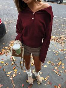 女士休闲复古高领修身长袖毛衣，灰色纯色落肩针织上衣，适合秋冬季节、日常通勤、商务休闲、外出以及返校、教师节等场合。 - 酒紅色 - 查看 2