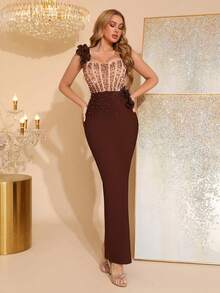 新款优雅修身长款绷带连衣裙，宽肩带设计，无袖款式，饰以奢华珍珠和3D立体花卉，露背设计，适合婚礼、圣诞节、派对、正式场合等场合。 - 咖啡棕 - 查看 5