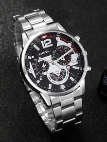 男士商务奢华三件套，包括1块日内瓦多功能黑色表盘钢带石英表、1条银色粗链手链和1个黑色压纹皮夹。时尚优雅的设计，适合搭配西装、通勤、休闲外出以及各种其他场合。 - 銀色 - 查看 3