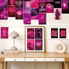 50 pièces Ensemble de décoration murale photo esthétique rose néon, impressions d'art mural de rêve violet | Affiches de décoration de chambre girly | Kit de collage mural de chambre d'étudiant | Peut être utilisé comme cartes postales/autocollants/décoration de chambre - Violet - Voir 13