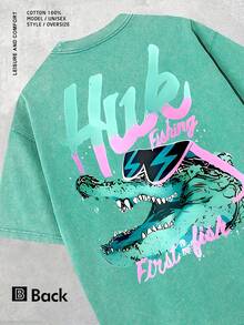 2026 "Huk Fishing First Fish" Men's Vintage-Style Printed T-Shirt, Featuring A Fun Crocodile Pattern Print, Casual Round Neck, Short Sleeves, 230g Washed Cotton, Summer Outdoor Apparel, An Ideal Gift For Fishing Enthusiasts - 灰色的 - 查看 9