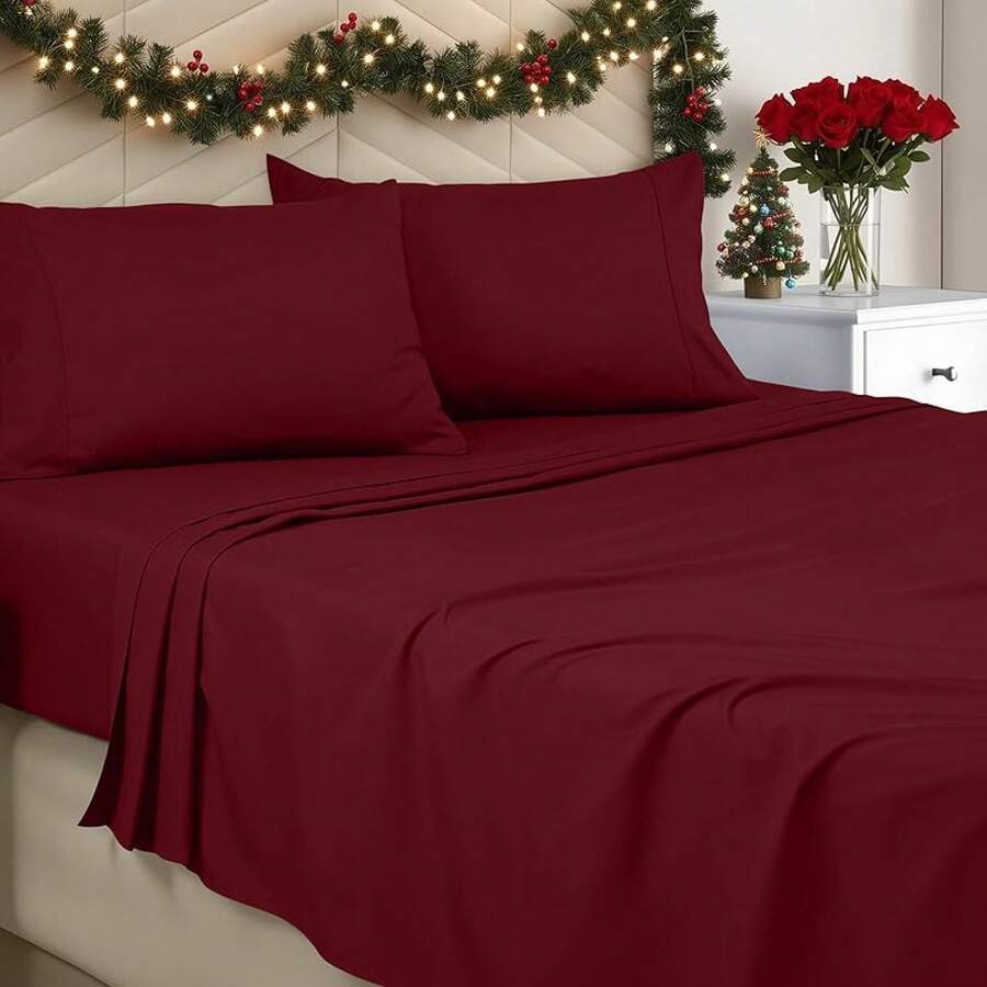 King Sheet Set - Brushed Microfiber - Soft Bed Sheets King Size Bed - Includes 1 Fitted, 1 Flat, & 2 Pillow Cases - Deep Pocket () + Luxury Comfort - 06 - 勃根地 - 查看 1