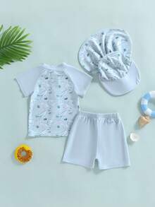 Trajes de baño Rash Guard para niños pequeños, camisetas de manga corta con estampado de dinosaurios, pantalones cortos, sombrero, conjuntos de baño de tres piezas - Azul - Ver 7