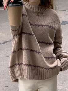 Jerséis de punto para mujer Nuevo otoño/invierno Prenda de punto a rayas Suéter de cuello redondo Prenda exterior Top - Café integral - Ver 4