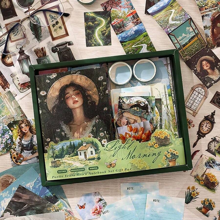 ScrapbooFKing Supplies Kit, Vintage People Aesthetic Scrapbook Kit, Junk Journal Supplies With Scrapbook Paper, Scrapbook Stickers, A6 Grid Notebook, Stationery, Journaling Supplies For DIY Art Craft,FirstLightofTheMorning - 清晨的第一道陽光 - 查看 1