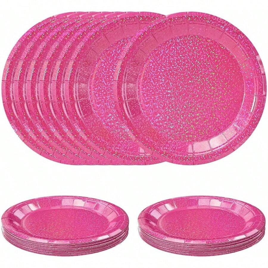 D50 PCS Iridescent Hot Pink Paper Plates 7 Inch Dert Plates Holographic Hot Pink Disposable Plate For Birthday Party Dinner Wedding Baby Shower Glitter Cake Plate - 虹彩亮粉色盤子 - 查看 1