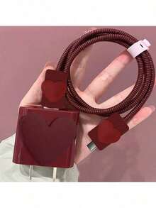 Bộ 5 ốp lưng bảo vệ hình trái tim màu đỏ rượu vang tương thích với bộ sạc Apple 18W-20W, cáp dữ liệu, quà tặng lý tưởng - Màu Đỏ Sâu - Xem 2