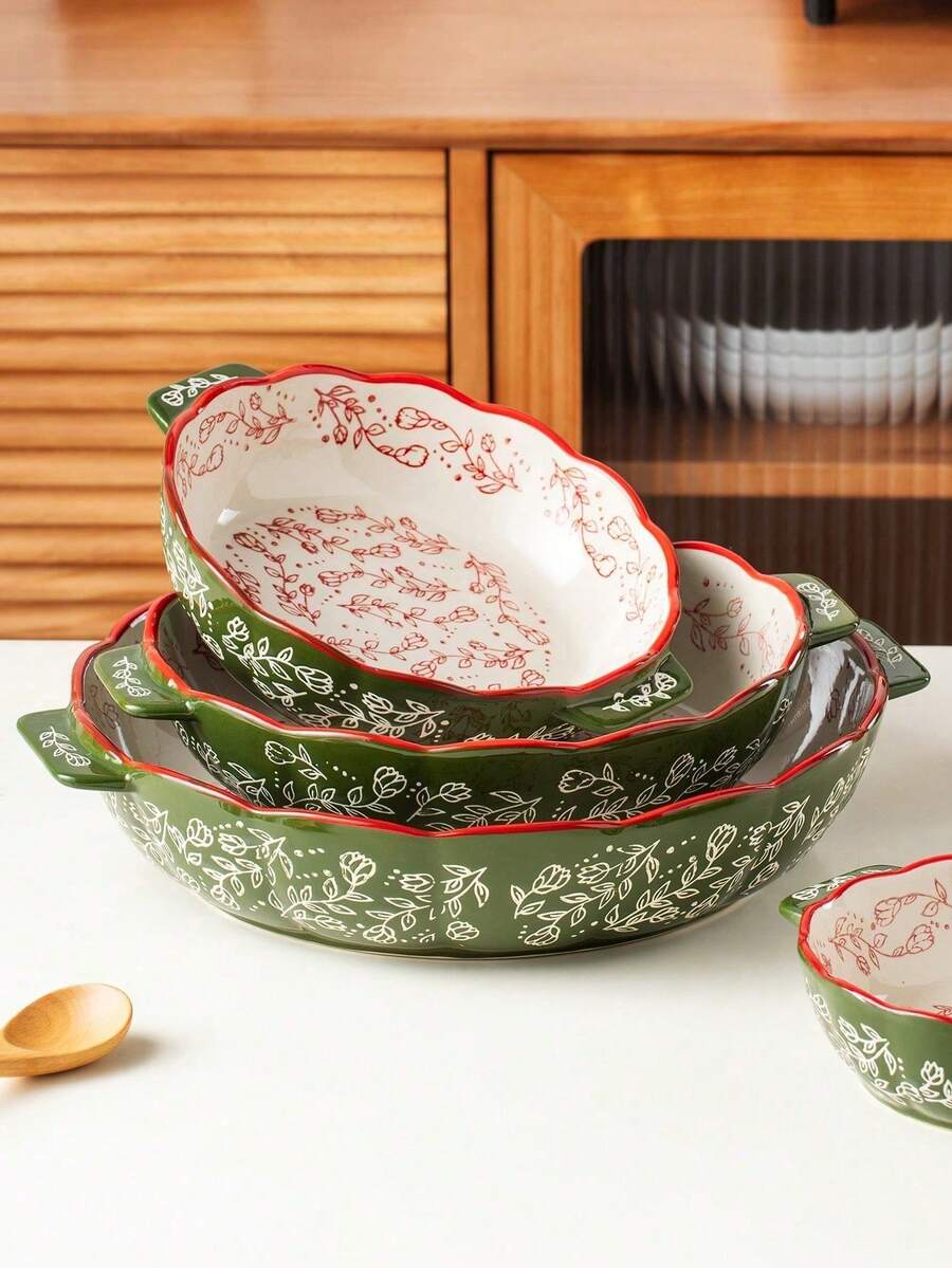 Vintage Floral Handpainted Round Ceramic Baking Dish With Handle, Kitchen Cookware Serving Plate For Salad, Pasta, Grilling, Baking, Pizza, Oven & Microwave , Suitable For Home Or Restaurant, Daily Use And Holidays - Green - View 1