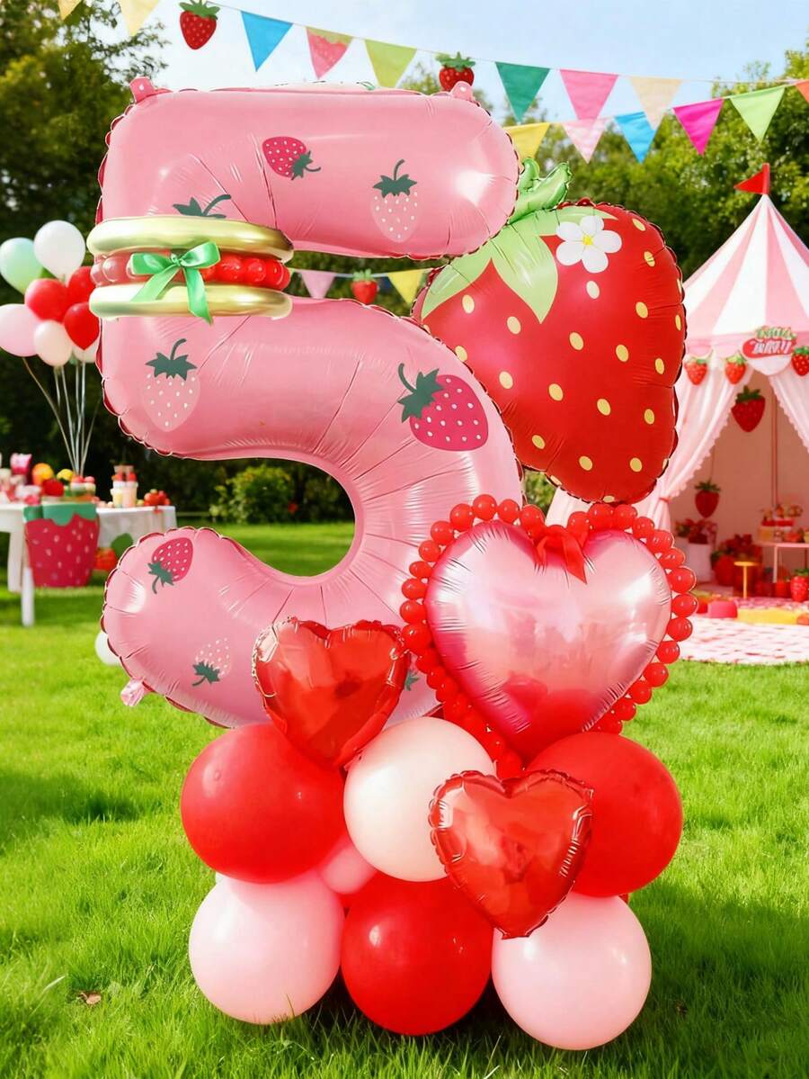38pcs Strawberry Number Balloon Set, Suitable For Fruit Birthday Party Decoration, Cute Party, Tropical Party, Birthday Decoration, Strawberry Theme Birthday, Atmosphere Scene Decoration Supplies