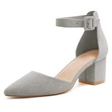 Women's Pointed Toe Pumps Ankle Strap Buckle Chunky Block Heel Dress D'Orsay Shoes - Grey - View 2
