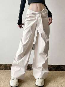 Pantalones de pata ancha con cintura plisada y diseño retorcido para mujer Diseño asimétrico cruzado en la cintura. Pantalones anchos de corte holgado con efecto adelgazante. Pantalones informales juveniles con efecto drapeado. - Blanco - Ver 2