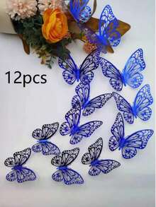 12 件/套 3D 镂空蝴蝶墙贴适用于蛋糕、婚礼和客厅家居装饰，贴纸、墙贴花、乙烯基贴花用于家居装饰，春季装饰品让您的家焕然一新，拉玛装饰贴纸礼物生日毕业学校装饰学校惊喜宿舍装饰返校房间装饰学校用品 - 藍色 - 查看 6