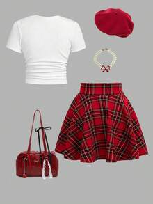 Tween Girl Cartoon Print Short Sleeve Top And Plaid Print Skirt - White - View 2