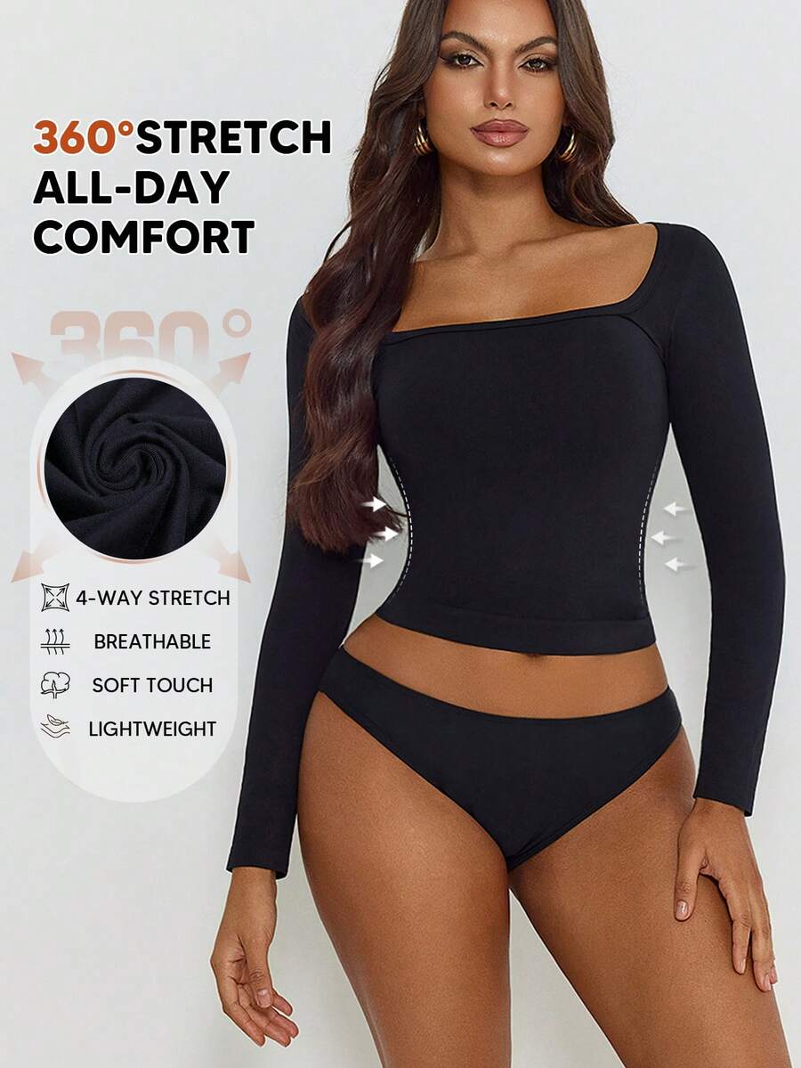 Top à manches longues, col rond simple, élastique, couleur unie pour femmes