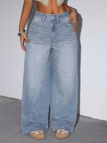 Women's Casual Loose Wide Leg Jeans With Pockets, Suitable For Daily Wear - Light Wash - View 5
