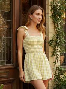 Women's Summer Spaghetti Strap Jumpsuit Sleeveless Wide Leg Plaid Shorts Overalls - Màu vàng - Xem 5