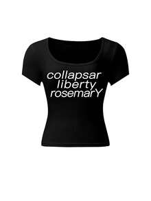 U领短袖T恤，美式辣妹风格，夏季新款字母印花，修身露脐女式上衣 - 黑色 - 查看 3