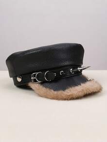 Șapcă Newsboy pentru femei, 1 buc., stil punk, cu blană, nituri și cataramă din piele, beretă rebelă, potrivită pentru naveta zilnică sau petrecere/eveniment - Multicolor - Vizualizare 4