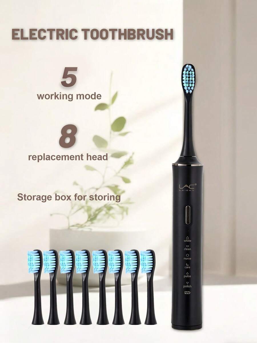 Nuevo cepillo de dientes eléctrico negro LAC con 8 cabezales de cepillo reemplazables, 6 modos de funcionamiento, carga USB - Negro - Ver 1