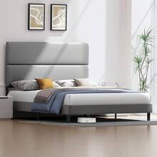 Twin/Queen/King Size Bed Frame With Linen Adjustable Headboard, Upholstered Platform Bed With Strong Wood Slats Support, Noise-Free Construction, Easy Assembly, No Box Spring Needed - 淺灰色 - 查看 8