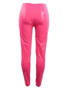 Women's Metallic Zipper Elastic Fabric High Waist Skinny Pants, PU Leather Slim Fit Y2K Style Casual Nightclub Party , Spring/Autumn - Hot Pink - View 2