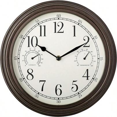 HAWTIndoor/Outdoor Wall Clock With Temperature And Humidity Gauges Weather-Resistant Quartz Accuracy Battery-Powered Bronze 12-Inch