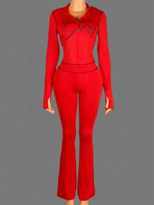 男士性感两件套，长袖印花拉链外套搭配长裤，假日春季穿搭 - 紅色 - 查看 2